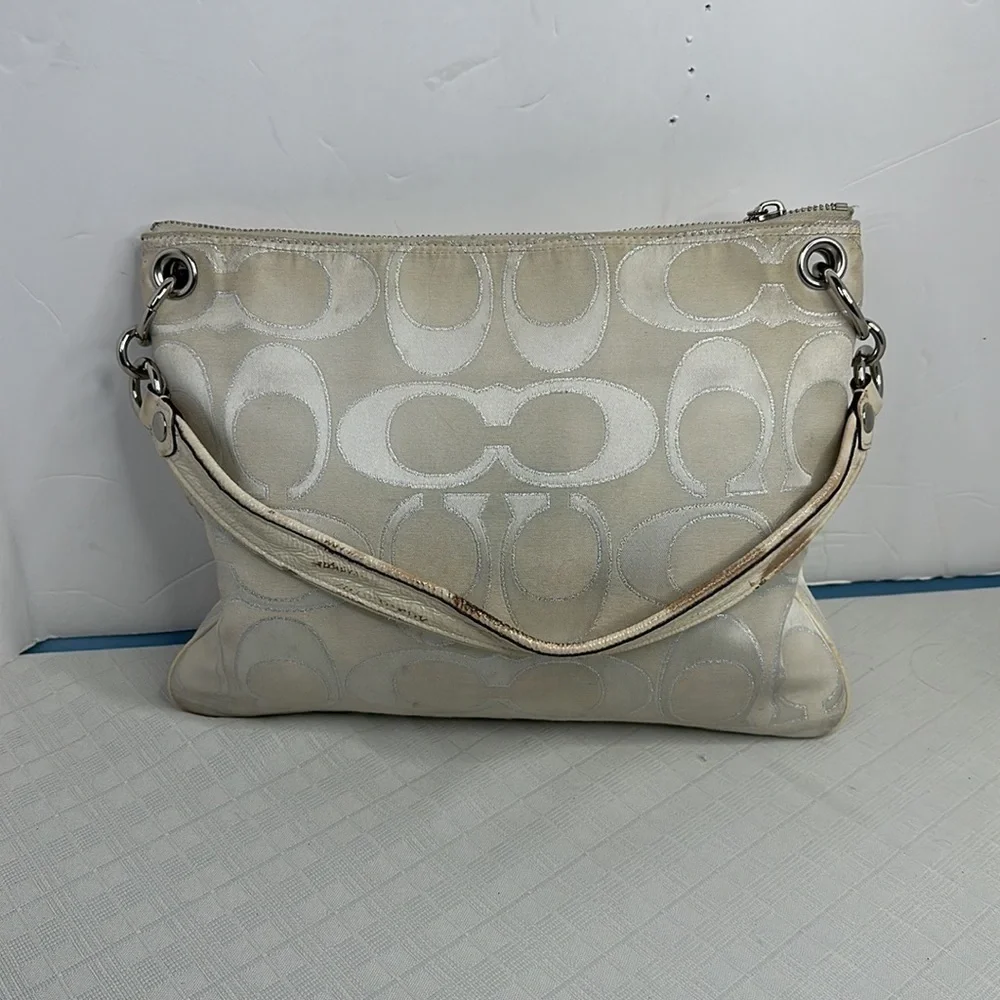 Coach Poppy medium satchel hobo Handbag M1093-17047 gray canvas metallic Accents